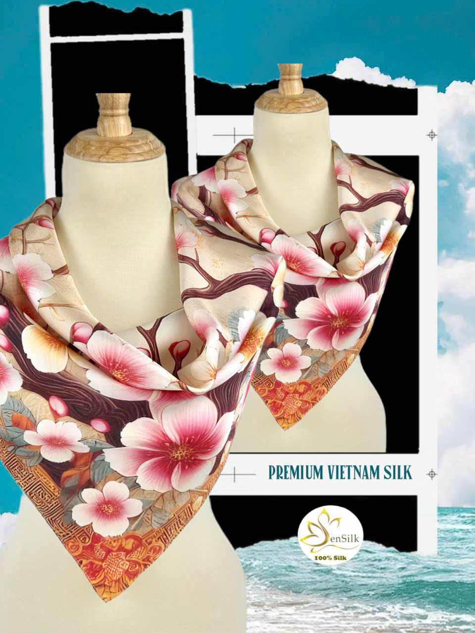 Silk Printed Square Scarves - Khăn in Lụa Cao Cấp SenSilk - Quà Tặng Khăn Lụa Đẳng Cấp Việt Nam - Họa Tiết Hoa Đào