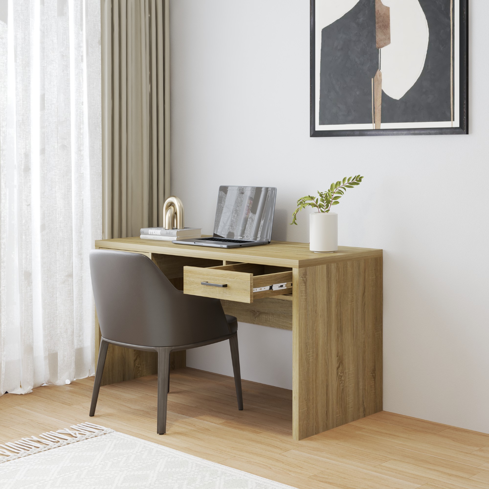 HAPPY FURNITURE , HEINEE - Bàn làm việc 2 ngăn kéo, BAN_129 , 140cm x 59cm x 75cm DxRxC, sản phẩm phổ thông