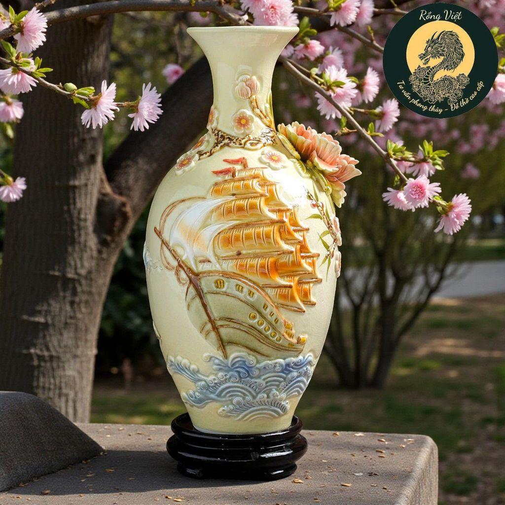 Bảo bình hút lộc thuận buồm xuôi gió RỒNG VIỆT cao cấp 30, 42cm - gốm Bát Tràng đắp nổi cao cấp