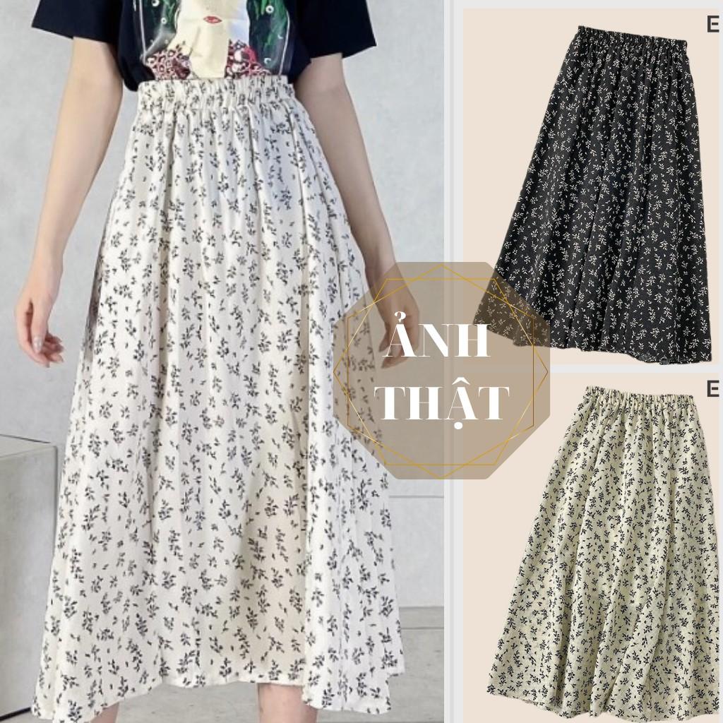 Chân váy nữ hoa nhí hoa đen EMIX, ulzzang, dáng dài, cạp chun, vải lụa mềm co giãn, mềm mát, 1 lớp nhưng không lộ