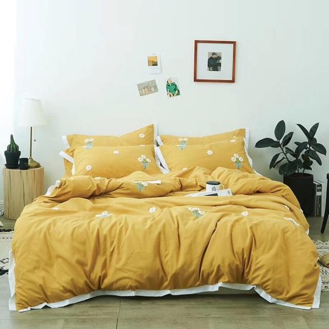 Set Cotton Đũi Silk Hàng Nhập Khẩu Nguyên Set Cao Cấp 4 Món Hoa Thêu Vàng