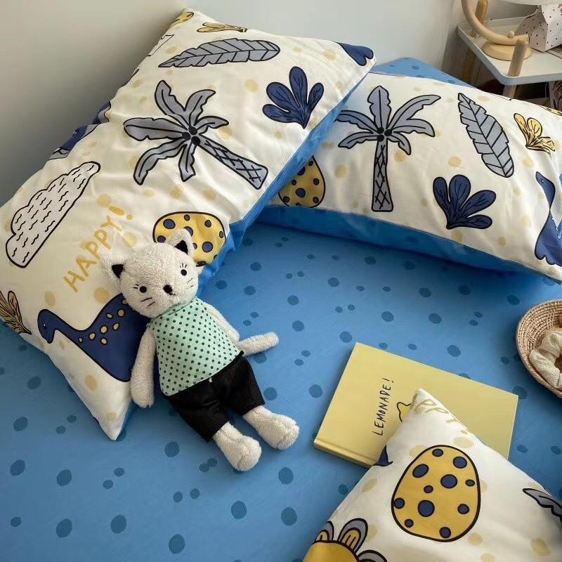 Bộ Chan Ga Gối Cotton Living 100%cotton Hàng Nhập Khẩu Cao Cấp  Khủng Long Xanh