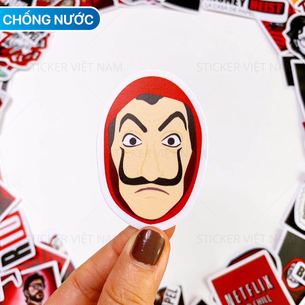 Sticker Money Heist - Phi Vụ Triệu Đô - Chất Liệu PVC Chất Lượng Cao Chống Nước - Kích Thước 4-8cm