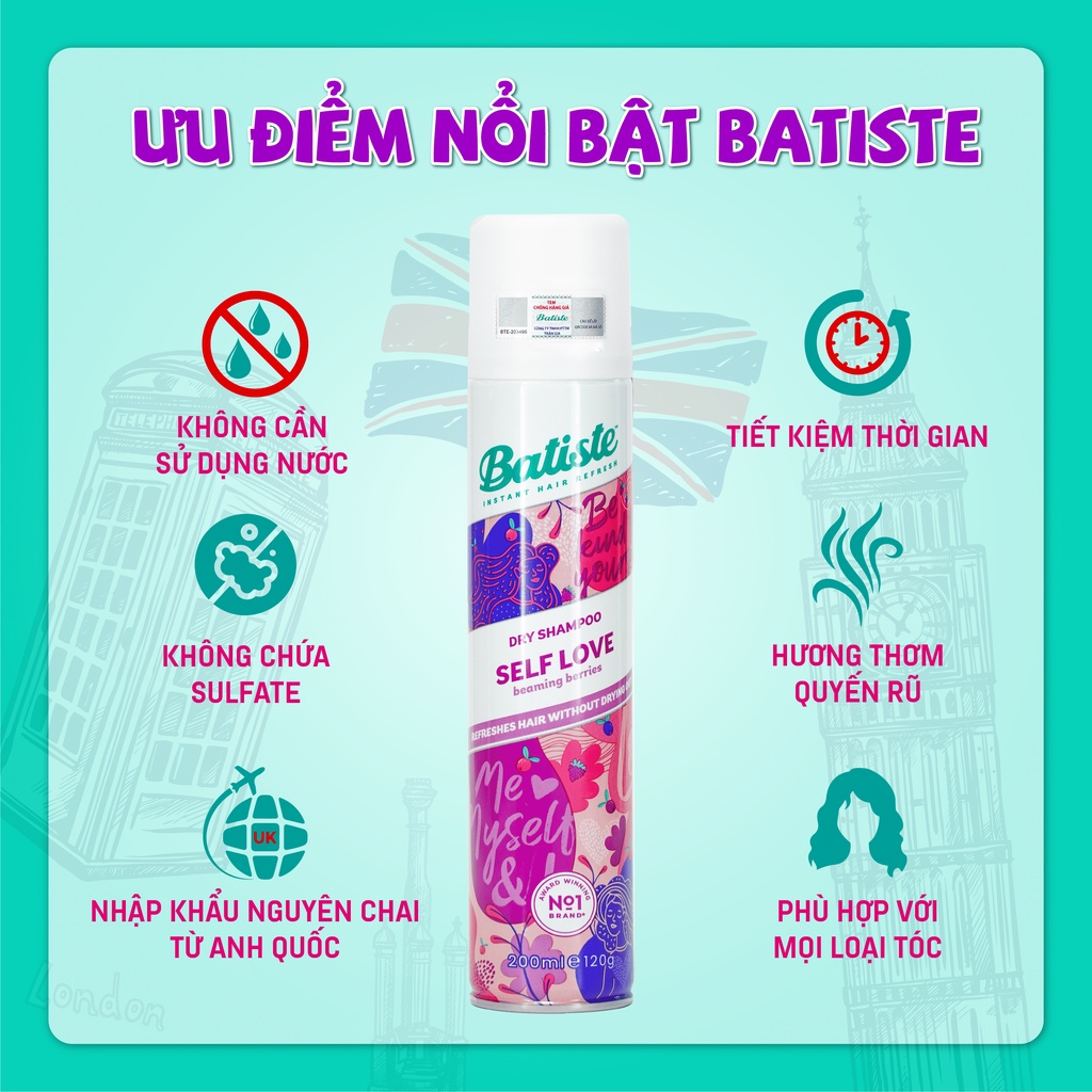 Dầu Gội Khô Batiste Dry Shampoo SELF LOVE Beaming Berries - Hương Trái Cây 200ml