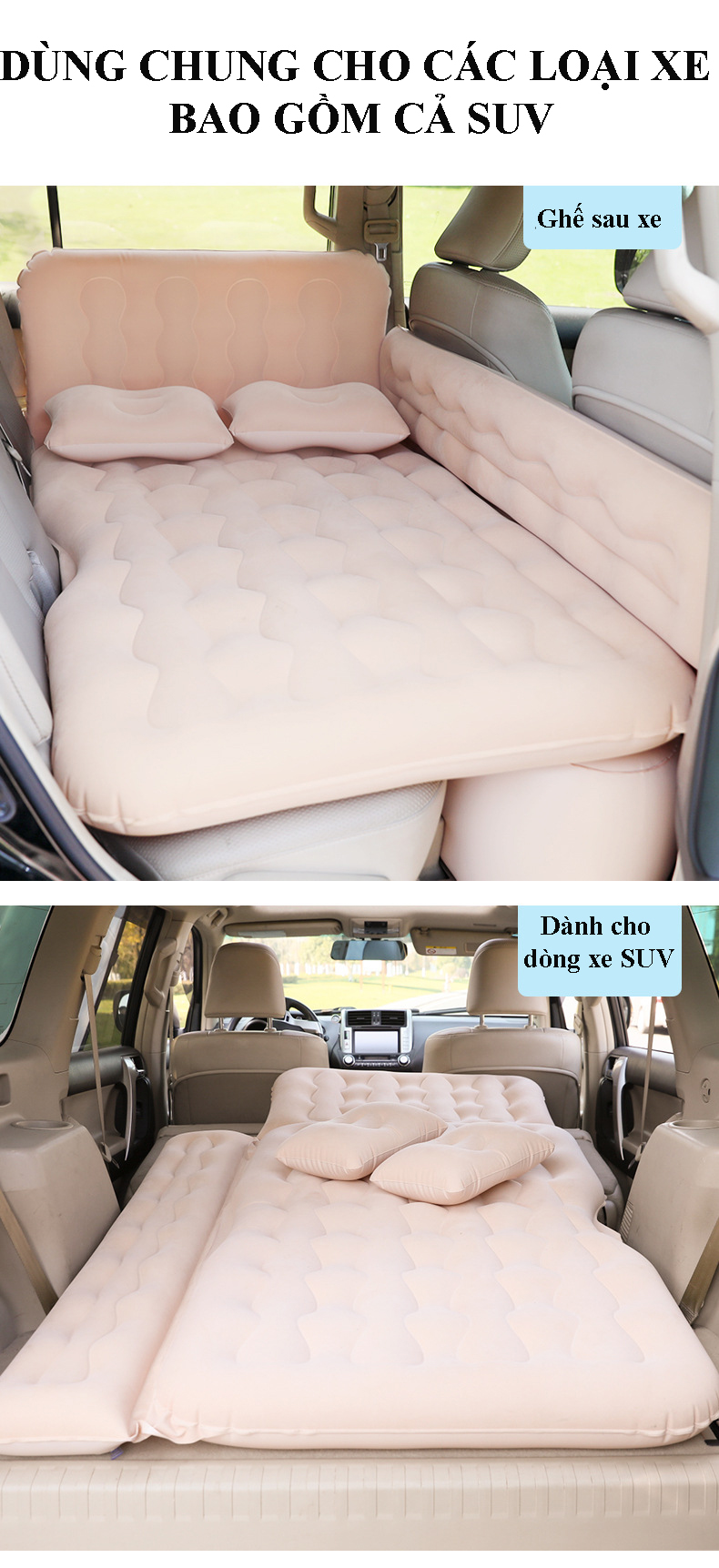 Nệm giường hơi cho xe ô tô, xe hơi 5, 7 chỗ cao cấp, tiện dụng có thành chắn an toàn cho trẻ nhỏ kèm theo bơm điện 12V