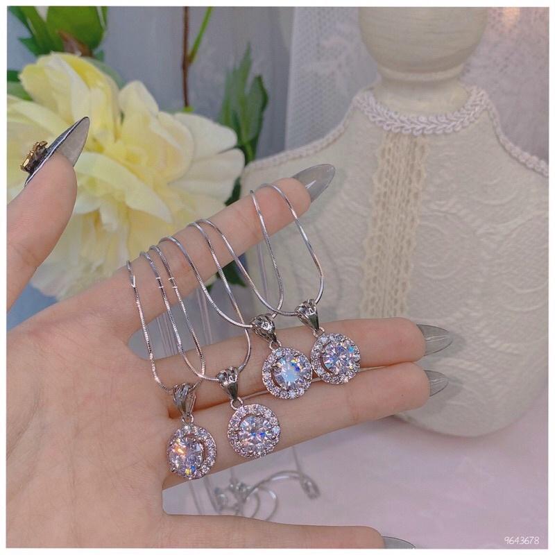 Bộ set 2 món dây chuyền bông tai đá tròn xi bạch kim siêu sáng siêu đẹp