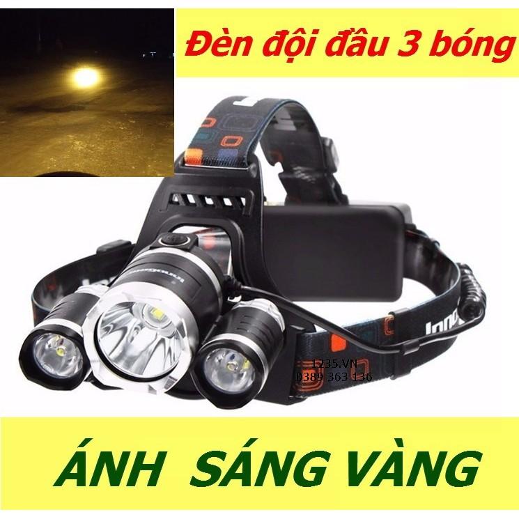 Đèn pin đội đầu 3 bóng ánh sáng vàng,đèn đeo đầu,đèn đeo trán