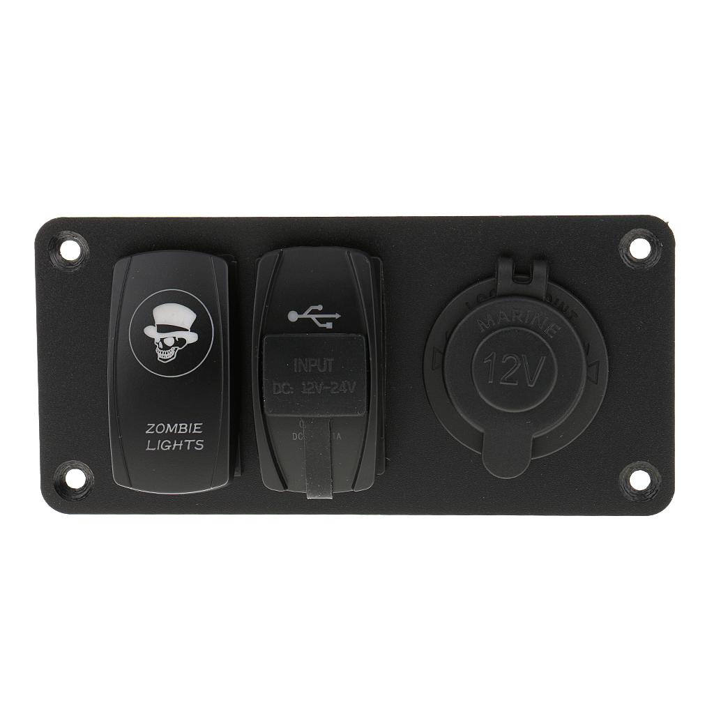 Power Socket +5 Pin Rocker Switch+Dual USB Charger Panel for 12V/24V Vehicles