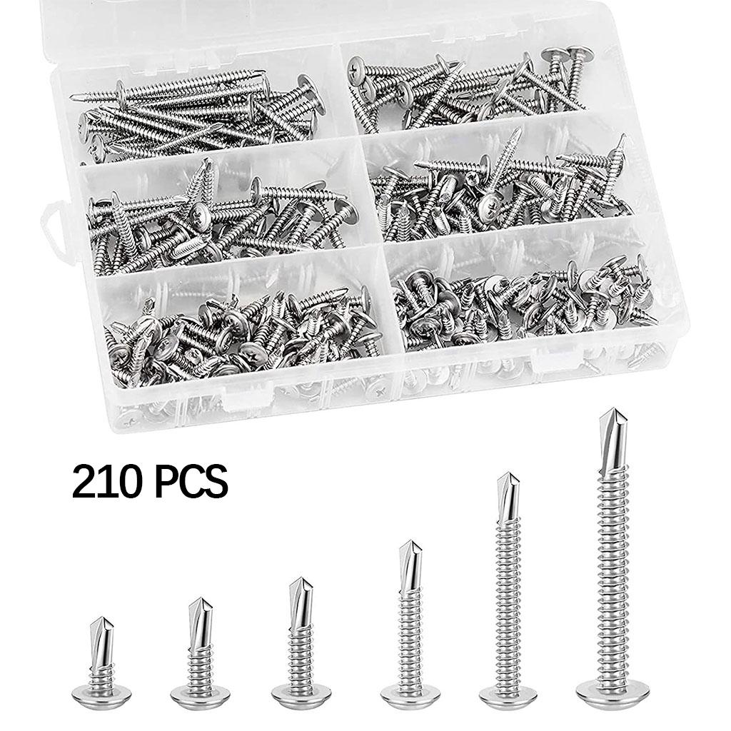 210pcs Self-Drilling Screws Kits 6 Sizes Phillips Head 13 19 25 32 38 50mm Screw Set Nail for Wood Home Garages Repair Tool
