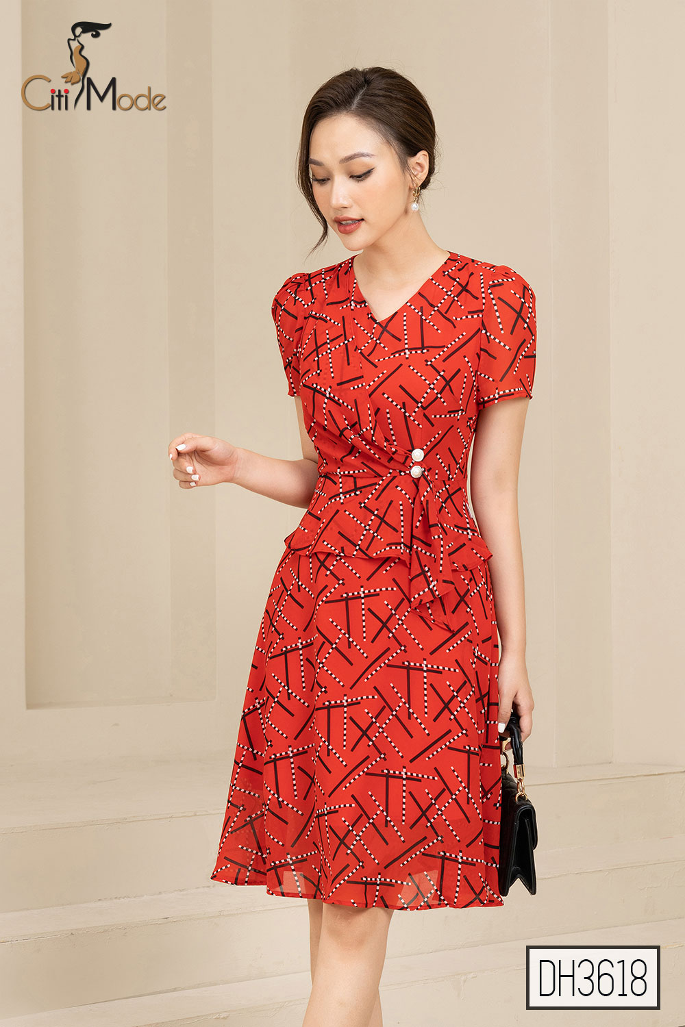 Đầm xòe peplum nữ đỏ họa tiết CITI MODE cổ V tay ngắn chất Voan cao cấp DH3618