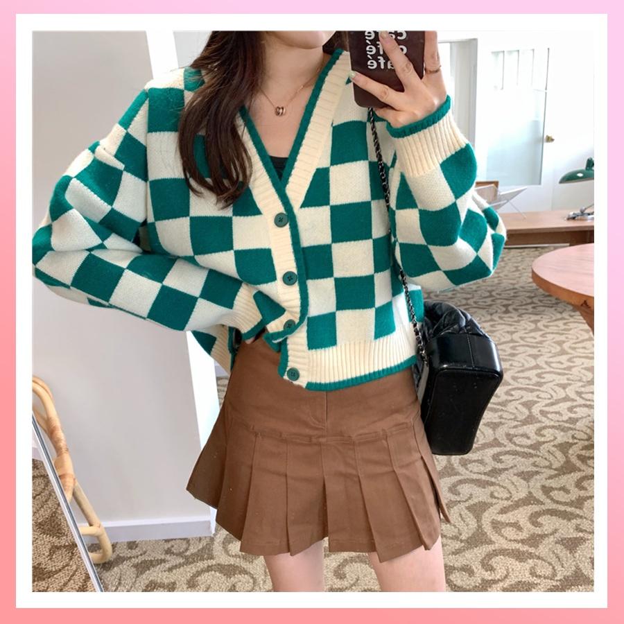 Áo khoác cardigan len dáng croptop sọc caro màu xanh đen phong cách hàn quốc D-10