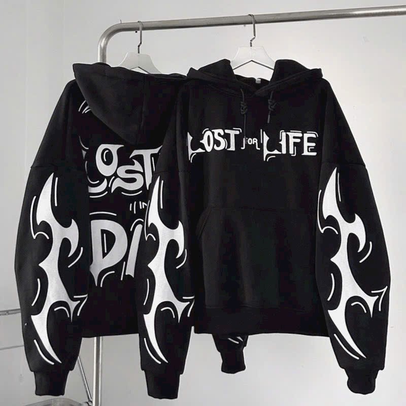 Áo khoác hoodie LOST LIFE MÀU ĐEN VÀ XANH RÊU FORM NGẮN BOXY vải nỉ lót bông unisex khoác ngoài thu đông nam nữ logo in Lost for Life Dark mẫu chui phong cách hàn