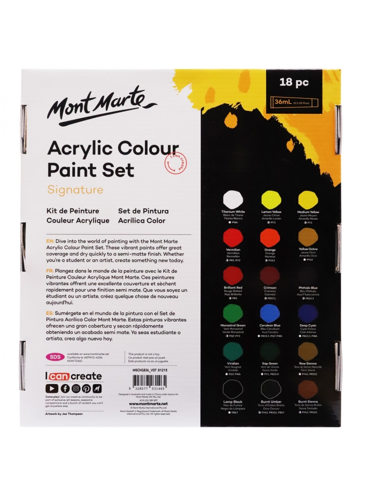 Màu Acrylic Paint Mont Marte Bộ 18/24/36/48 Màu x 36ml