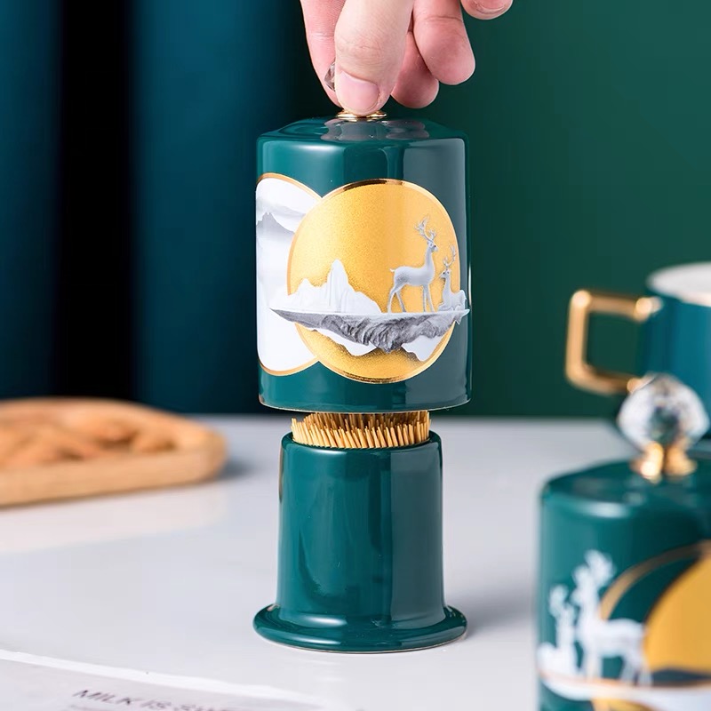 Lọ đựng tăm xanh sứ hoa văn hươu cao cấp vàng kim