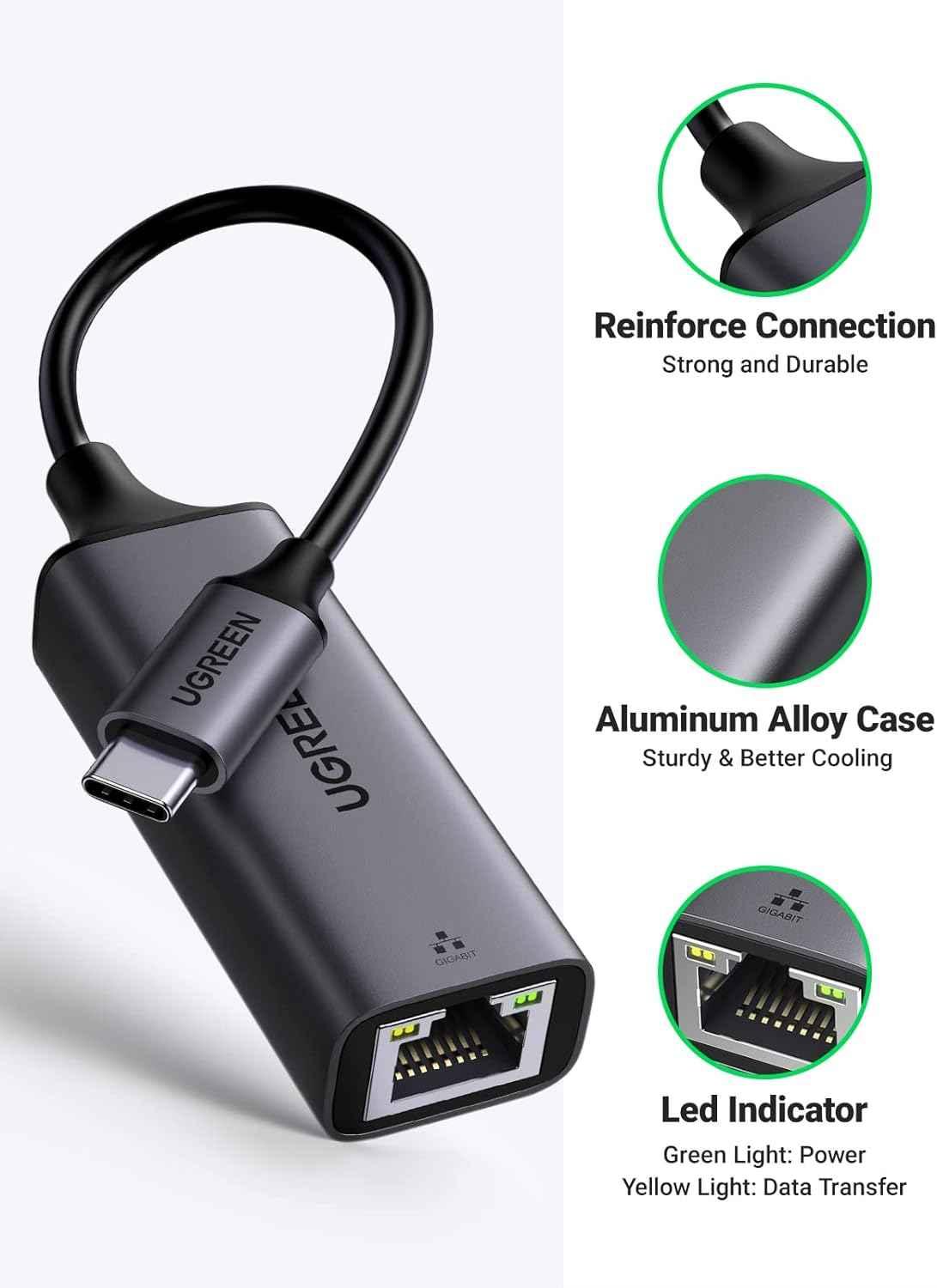 Ugreen UG15727CM199TK USB Type C sang Lan Gigabit 10/100/1000M Bộ chuyển đổi usb-c rj45 chất liệu nhôm màu đen - HÀNG CHÍNH HÃNG