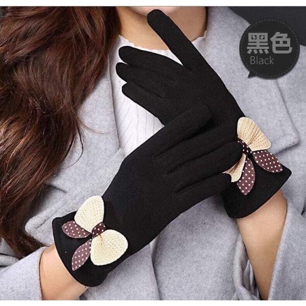 Găng tay nữ đính nơ lót lông cảm ứng hàng cao cấp