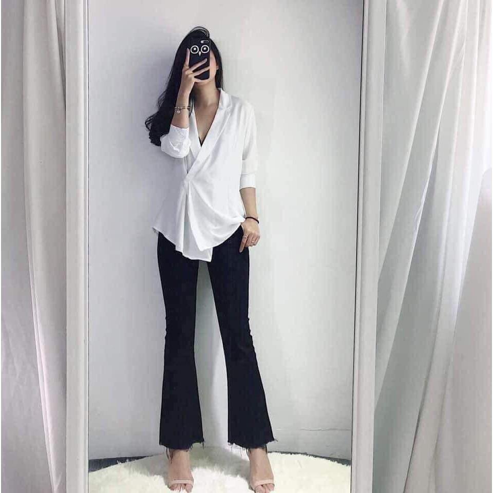 Quần Jeans Nữ Ống Loe Đen Trơn Tua Gấu