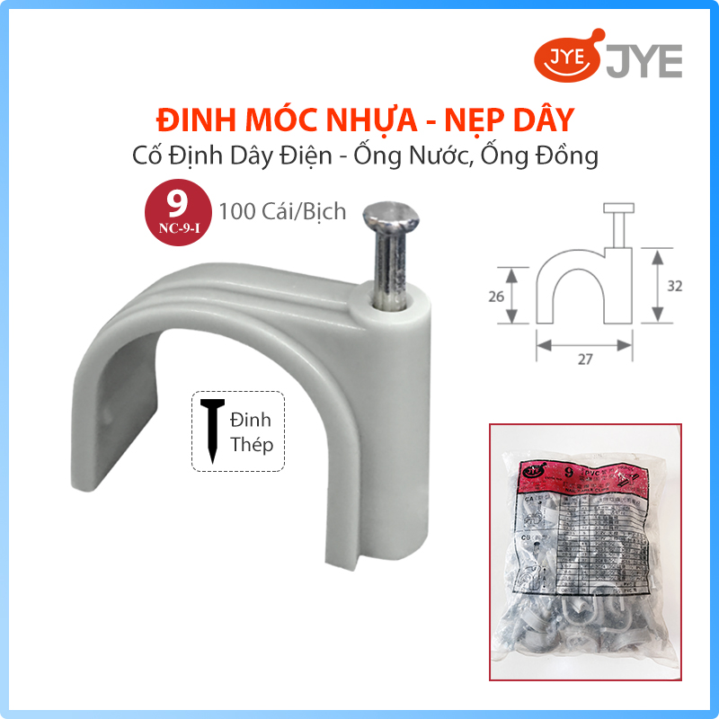 Đinh Móc Nhựa JYE (NC-9-I) 100 Cái/Bịch, Nẹp Đinh Ghim Cố Định Dây Điện, Đinh Móc Ống Đồng Điều Hòa - Ống Nước, Đinh Bằng Thép Chắc Chắn, Nhiều Size Lựa Chọn