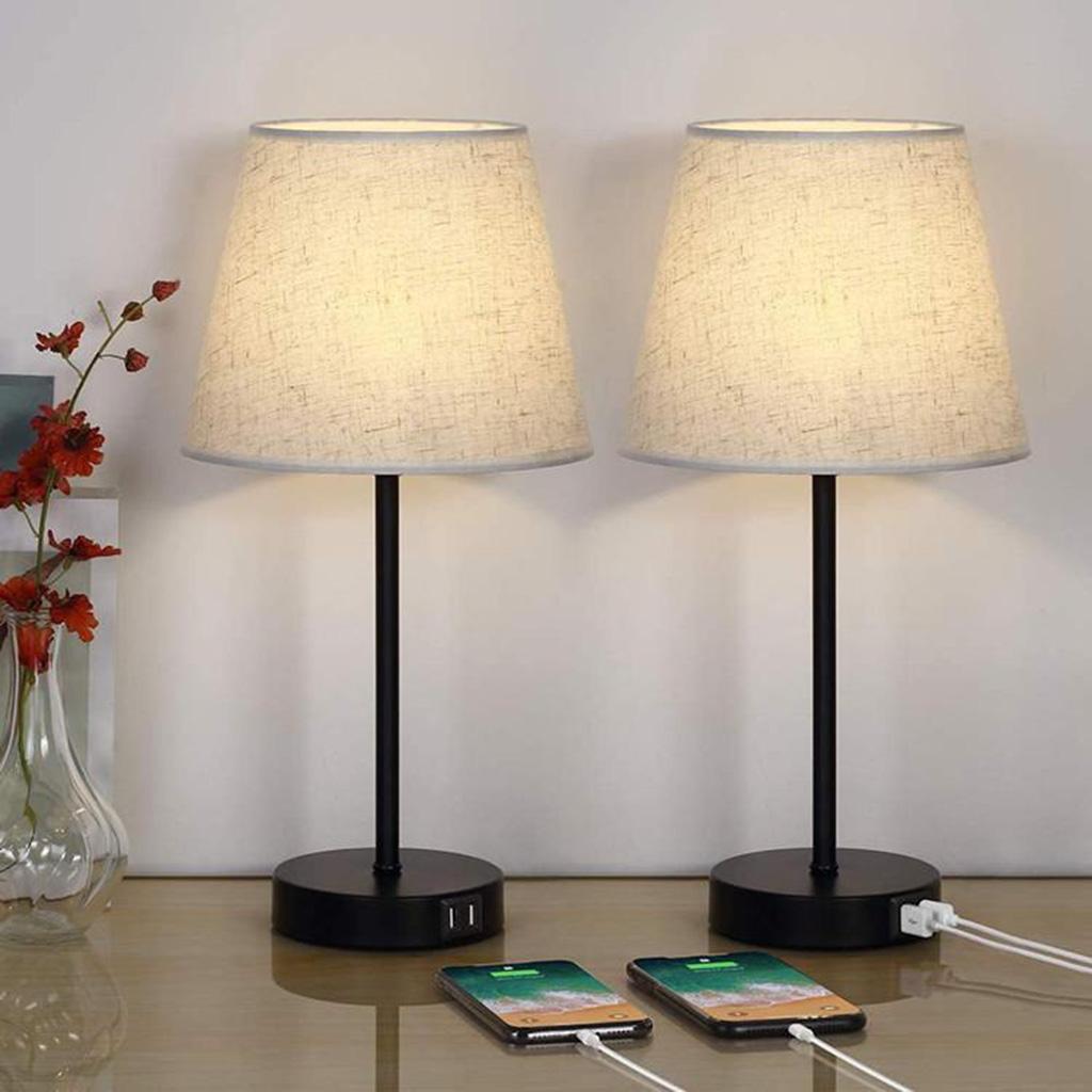 2xMetal Bedside Table Lamps Base 3-Way Dimmable Fabric Lampshade Desk Light