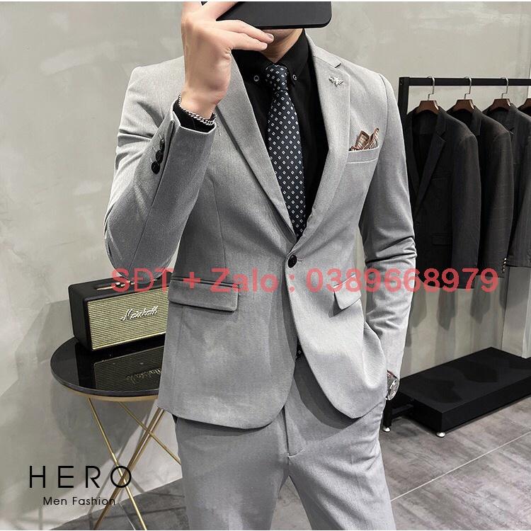 Bộ Vest Nam Cao Cấp màu Ghi Xám chất vải dày dặn, Bộ Suit Nam Hàn Quốc Màu Ghi Xám