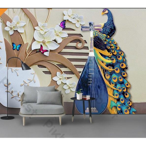 Tranh phong thủy chim công hòa hợp với đàn tranh, Tranh dán tường 3d hiện đại MS958531