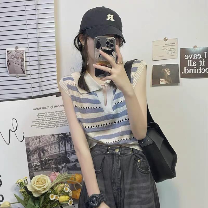 MS788 Áo sát nách nữ cổ bẻ kẻ ngang mongtoghi Quảng Châu