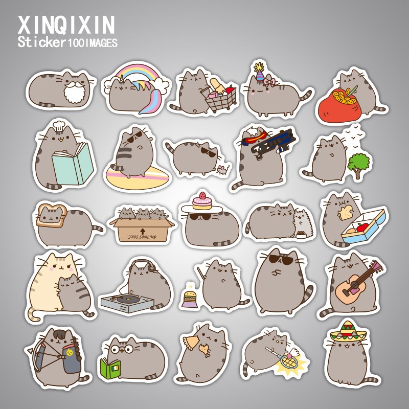 Bộ 100 miếng Sticker hình dán Mèo mập