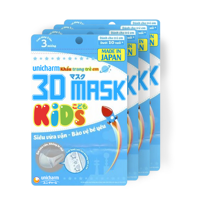 Bộ 5 Khẩu trang dành cho bé Unicharm 3D Mask Kid (Ngăn được bụi mịn PM2.5) gói 3 miếng