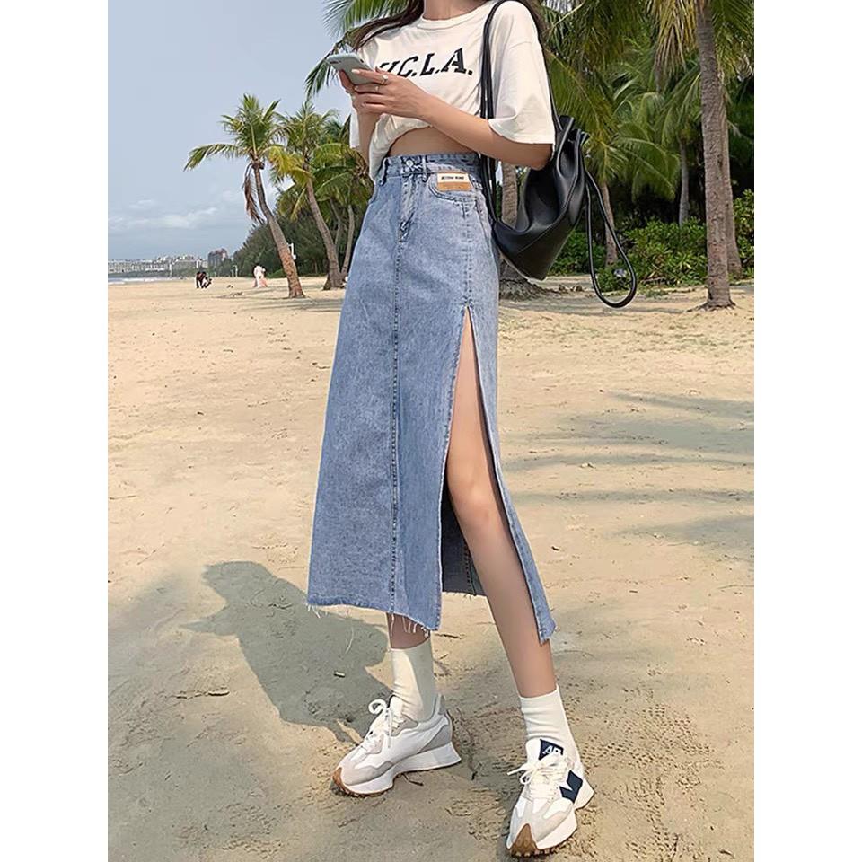 Chân Váy Denim Lưng Cao Xẻ Tà Quyến Rũ Cho Nữ, Chân váy jeans đính tag