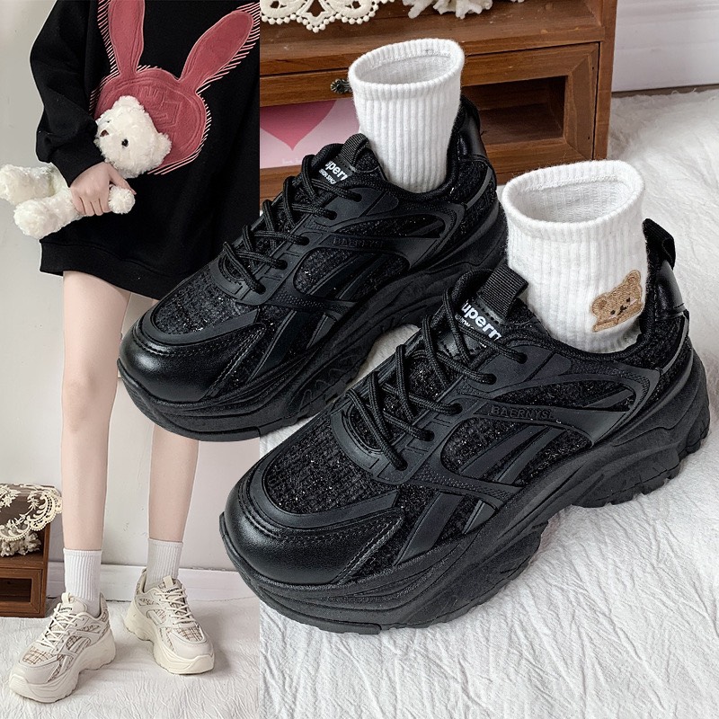 Giày Thể Thao Nữ MWC Đế Cao Thiết Kế Kiểu Dáng Buộc Dây Sneaker Trẻ Trung Năng Động Màu Đen Kem NUTT- 0615