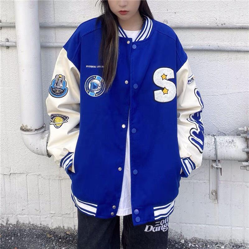 Áo Khoác Bomber Jacket Dù 2 Lớp LOGO S Varsity Form Rộng Nam Nữ Unisex Couple Phong Cách Hàn Quốc Ulzzang