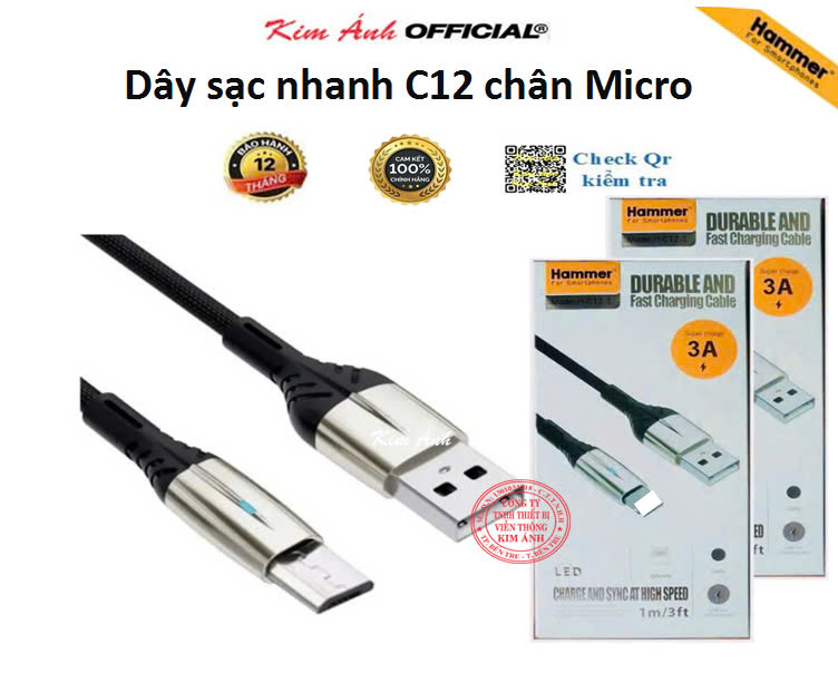 Dây sạc nhanh 3A Ham mer ( H-C12-V8 ), Chân cắm Micro, Có đèn báo, hàng chính hãng bảo hành 12 tháng