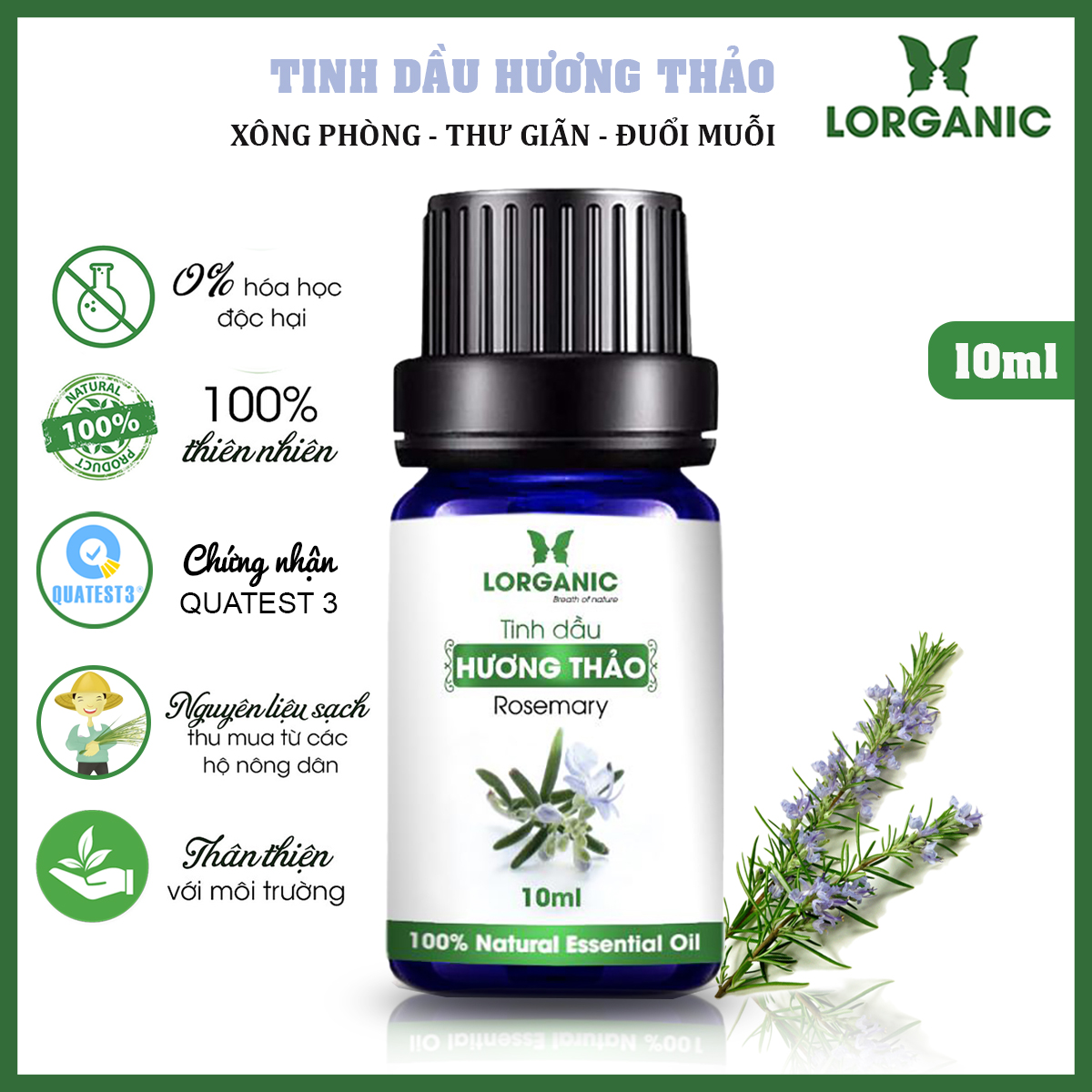 Combo 3 Tinh Dầu LORGANIC / Nhiều Mùi Hương / Xông Phòng Thư Giãn, Đuổi Muỗi 10m / Sả Chanh, Oải Hương Lavender, Ngọc Lan Tây, Hương Thảo, Stress Relief, Quyến Rũ Sensualy (10ml)