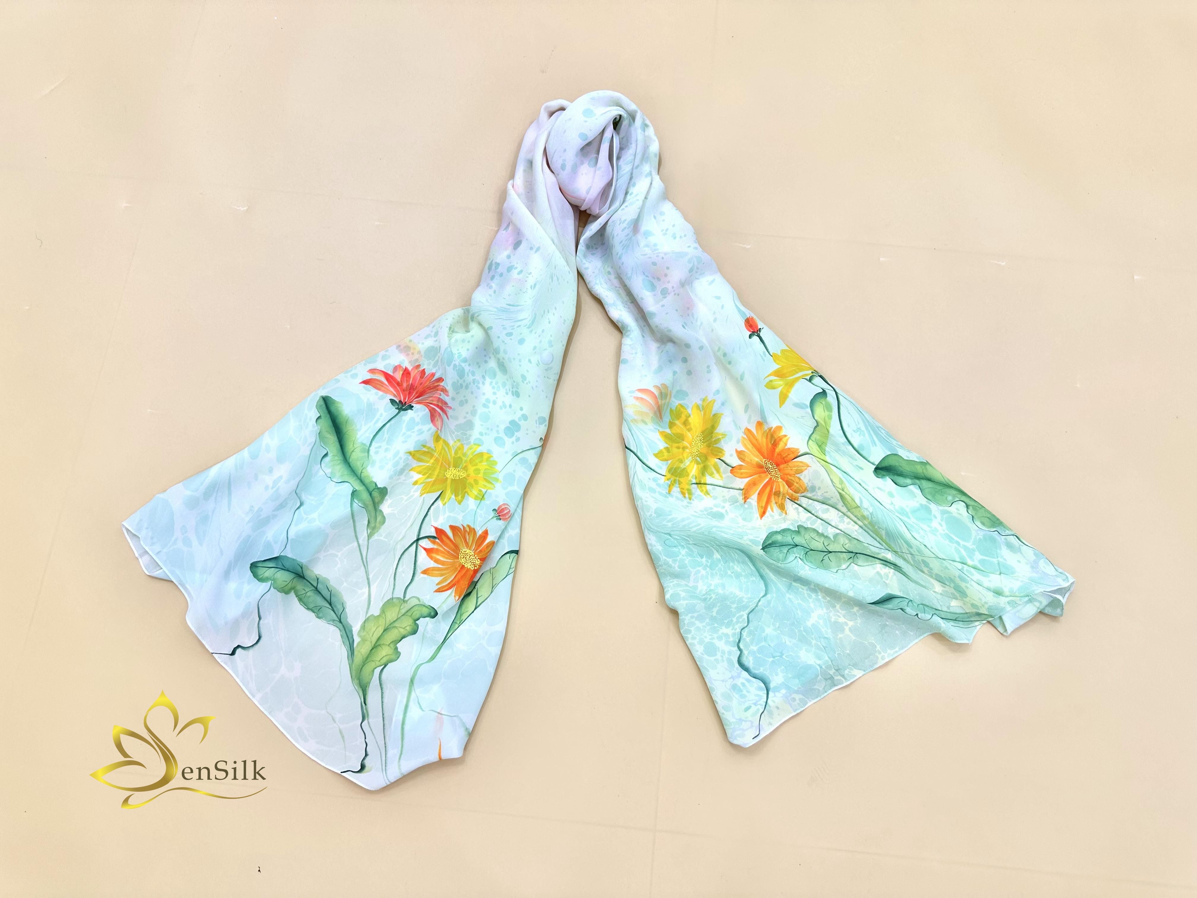 Khăn Thuỷ Ấn Vẽ Tay SenSilk Hoa Đồng Tiền - Silk Shawl Water Marbled Hand Painted - Quà Tặng Đối Tác - Vietnam Silk Gift