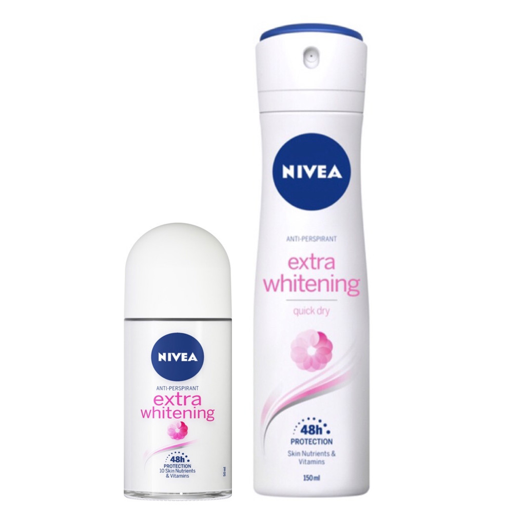 Bộ đôi Lăn ngăn mùi 50ml và Xịt Ngăn Mùi 150ml NIVEA Nữ Extra Whitening Trắng Mịn Mờ Vết Thâm