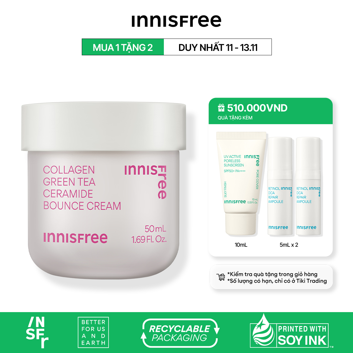 Kem dưỡng giúp làm mờ các dấu hiệu lão hóa trên da INNISFREE Collagen Green Tea Ceramide Bounce Cream 50mL