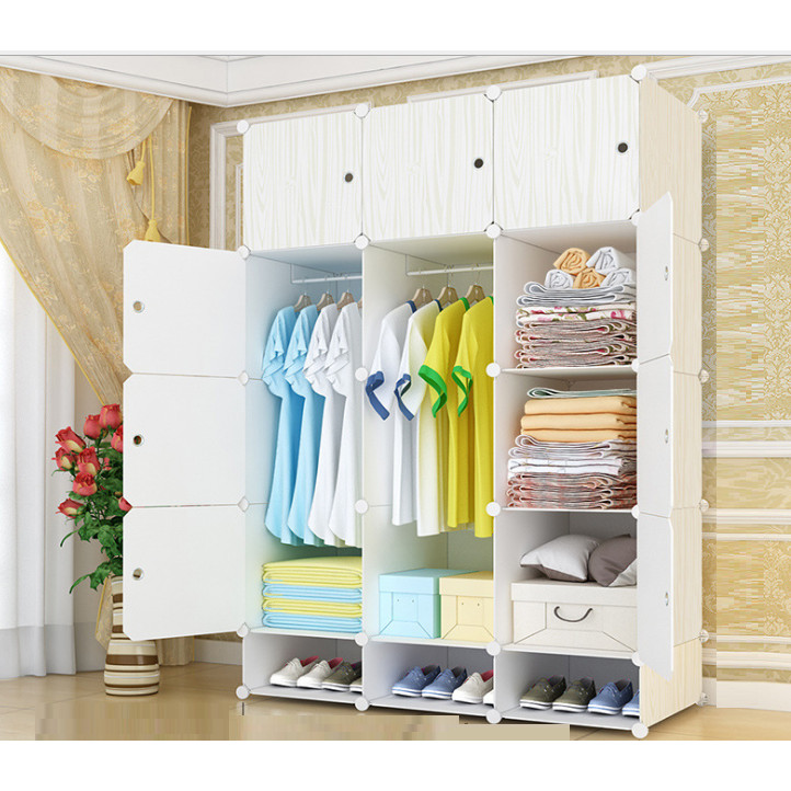 Tủ nhựa lắp ghép 15 ô màu trắng vân gỗ, 2 treo