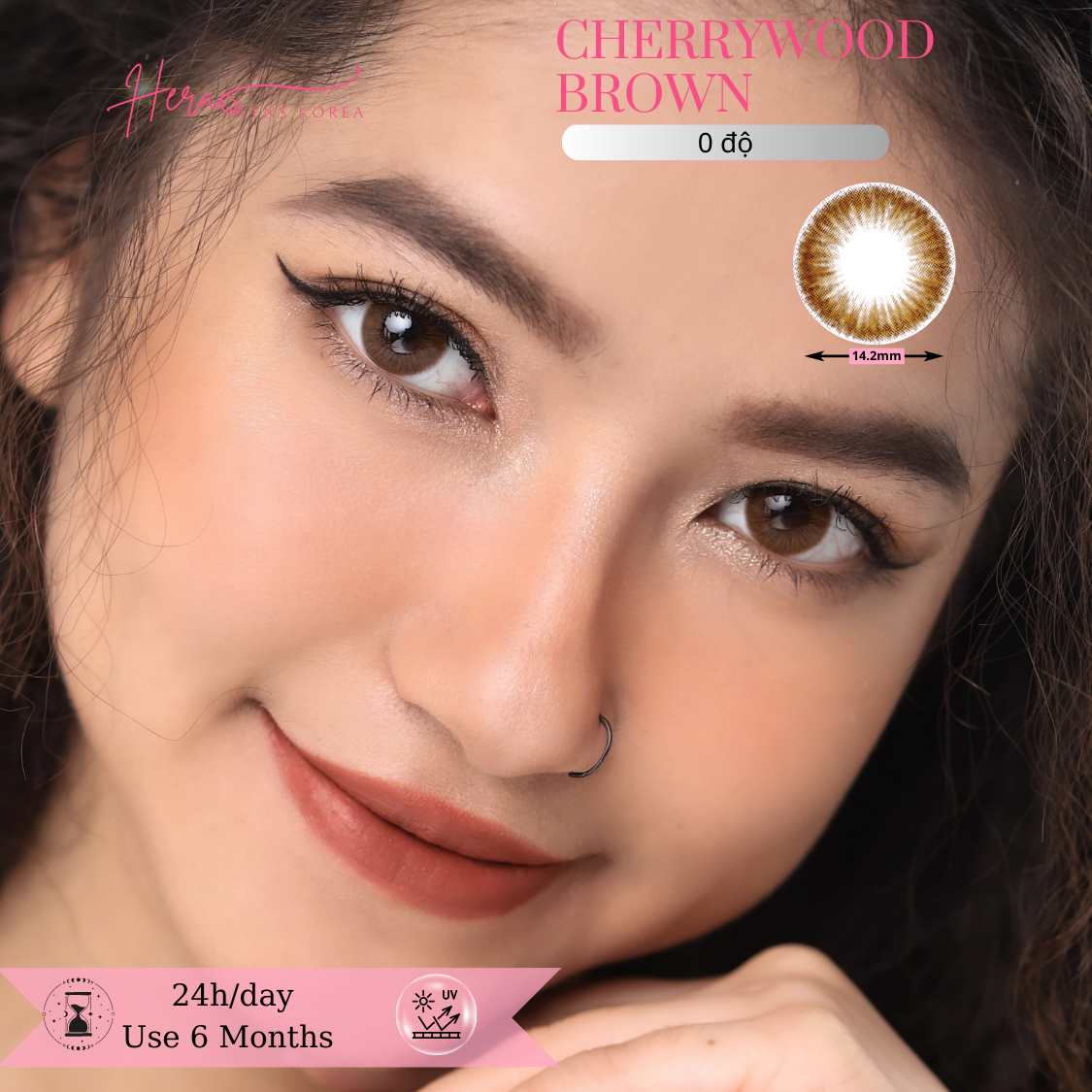 Kính Áp Tròng Hera Nâu Cherry Ngọt Ngào Không Độ CHERRYWOOD BROWN Nhập Khẩu Hàn Quốc Lens Không Cận 6 Tháng