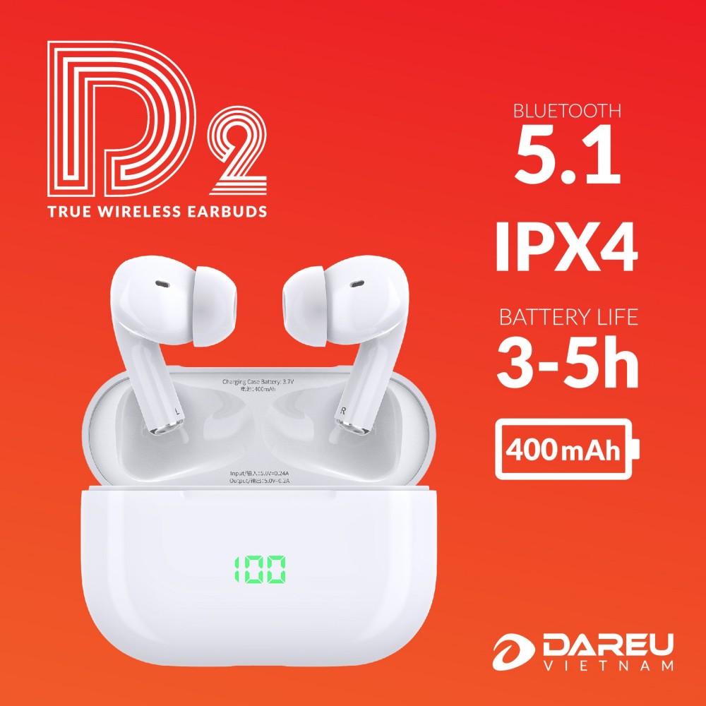 Tai nghe không dây True Wireless DareU D2 (Bluetooth 5.1) - Hàng Chính Hãng