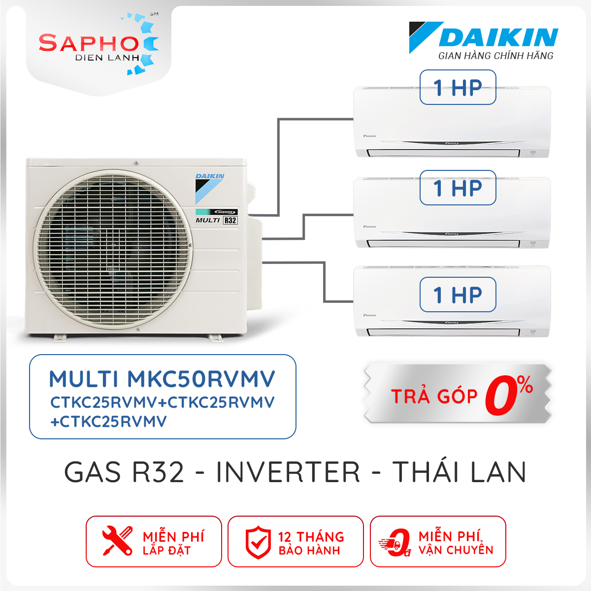 [Free Lắp HCM] Hệ Thống Máy Lạnh Multi S Daikin Inverter Combo MKC50RVMV/CTKC25RVMV+CTKC25RVMV+CTKC25RVMV Gas R32 Treo Tường 1 Chiều Lạnh Hàng Chính Hãng