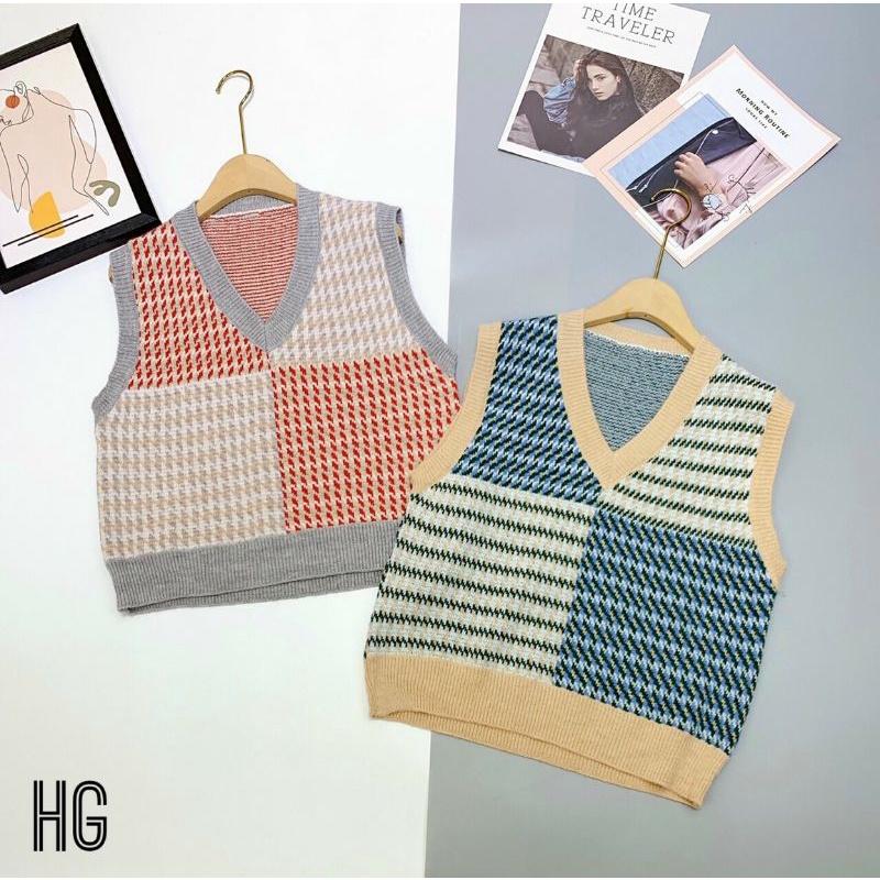 Áo len gile nữ, cổ tim, họa tiết kẻ
