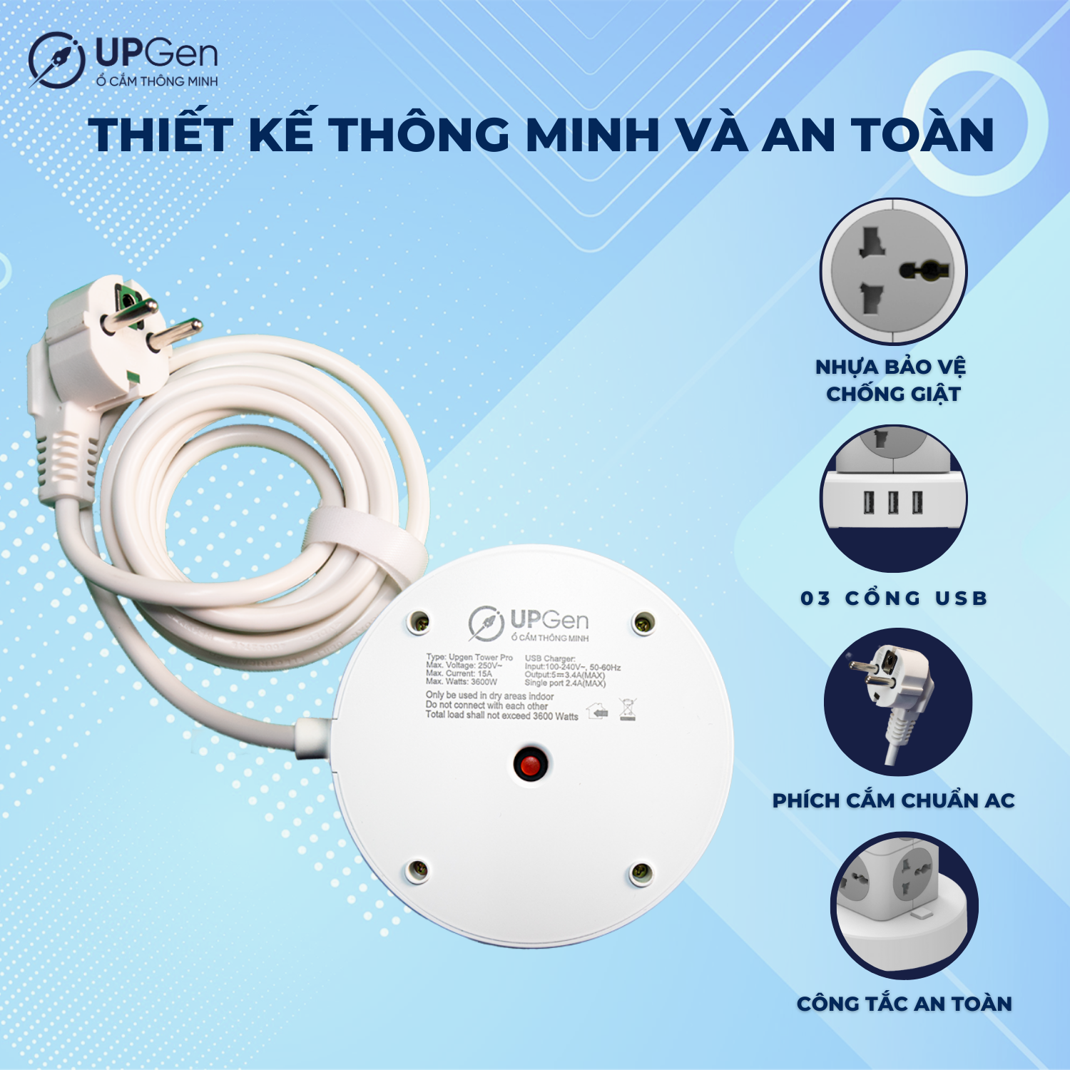 Ổ Cắm Điện Đa Năng UPGEN TOWER PRO Dạng Tháp Nhiều Tầng Chịu Tải Lớn, 3 cổng USB Sạc Nhanh, An Toàn, Chống Giật, Chống Cháy, Dây Dài 3m