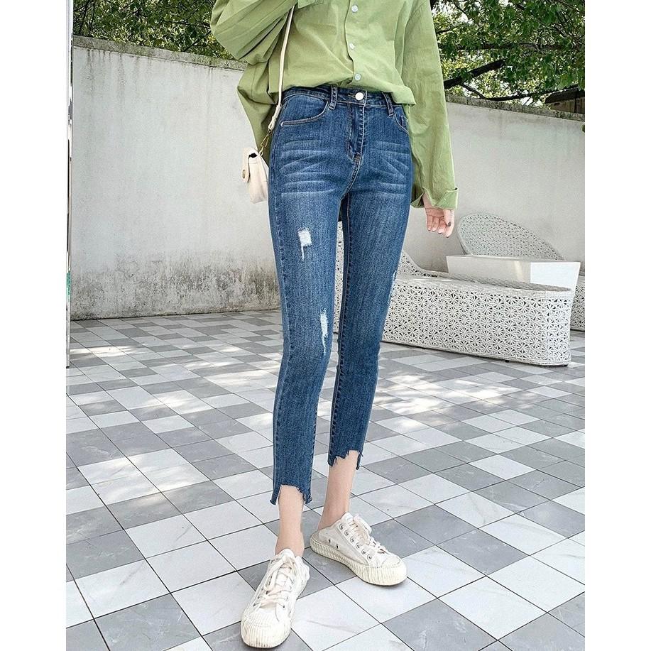 Quần jean 9 tấc BIG SIZE lưng cao trên rốn, co dãn mạnh, màu xanh đậm 3022 lai rách kiểu