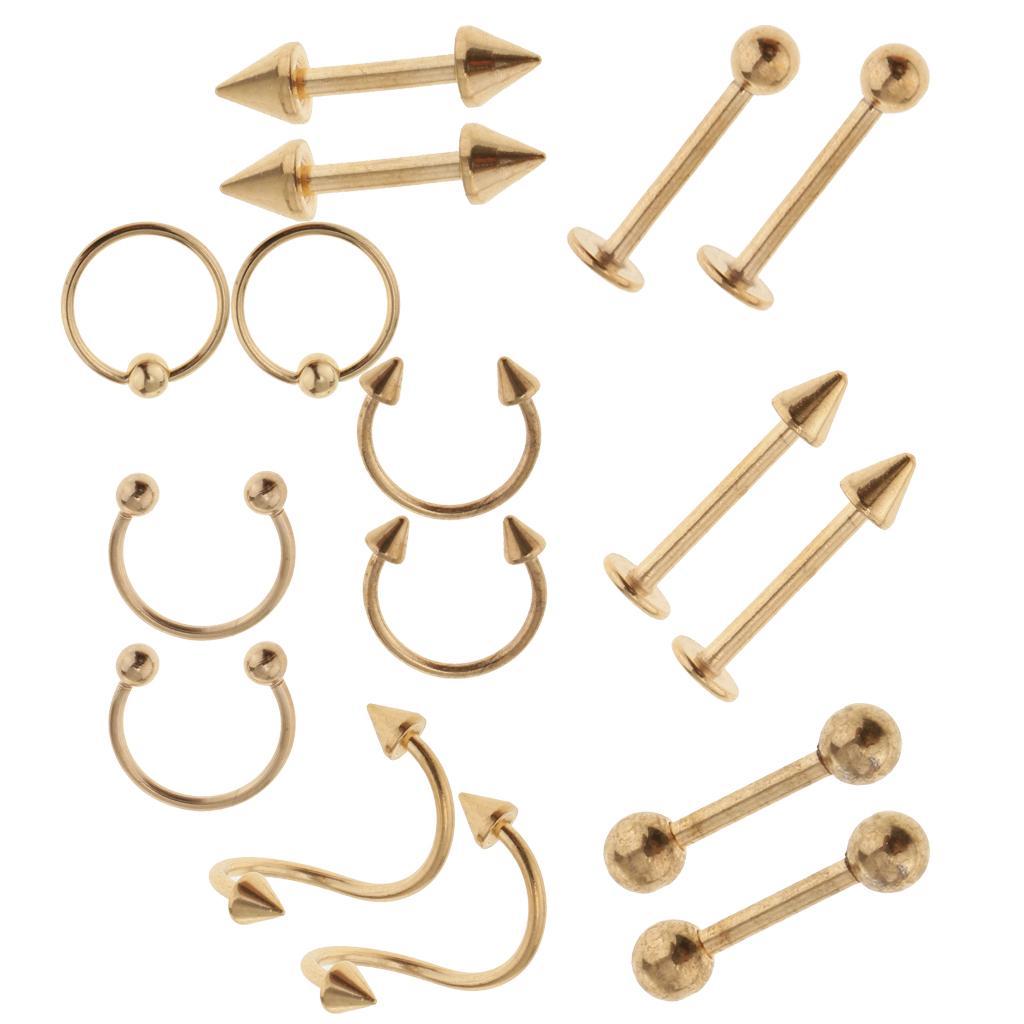 16pcs 16G Stainless Steel Curved Barbell Spike Nose Navel Eyebrow Tongue Ring