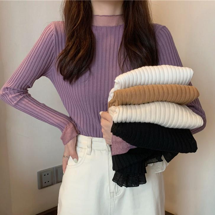 Áo dệt kim màu trơn cổ tròn phối ren kiểu tay dài trẻ trung xinh xắn