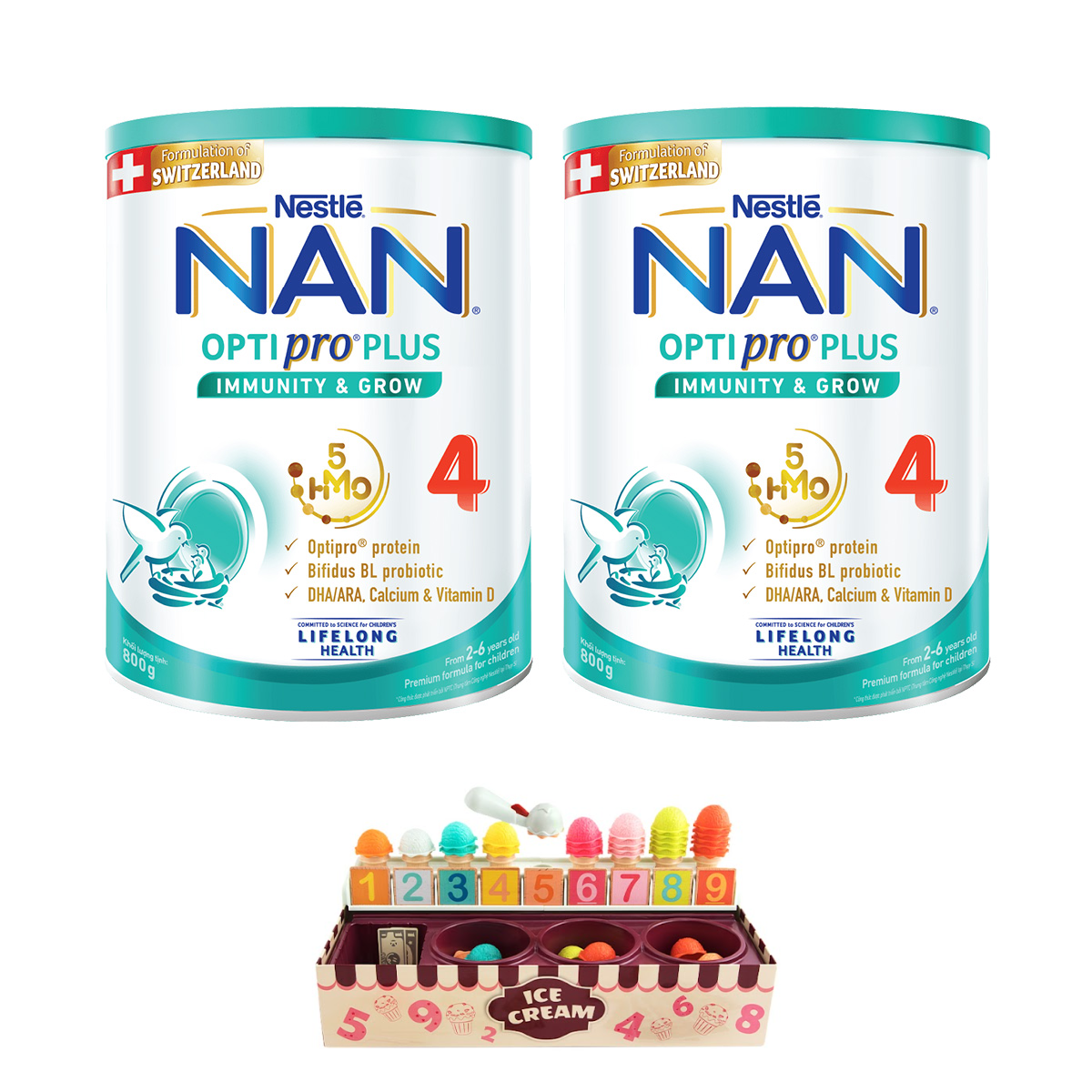 Bộ 2 lon Sữa bột Nestlé NAN OPTIPRO PLUS 4 800g/lon với 5HMO Giúp tiêu hóa tốt + Tăng cường đề kháng + Tặng ​Bộ Làm kem toán học - Bé 2-6 tuổi