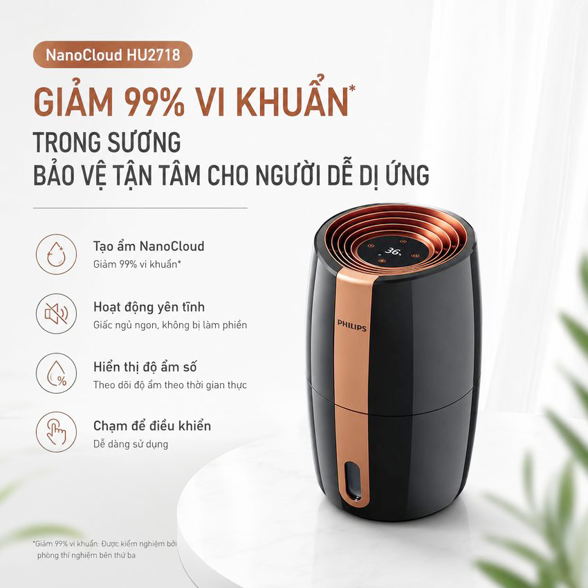 Máy tạo độ ẩm cao cấp thương hiệu Philips HU2718/00 - Hệ thống bốc hơi tiên tiến công nghệ NanoCloud - HÀNG NHẬP KHẨU