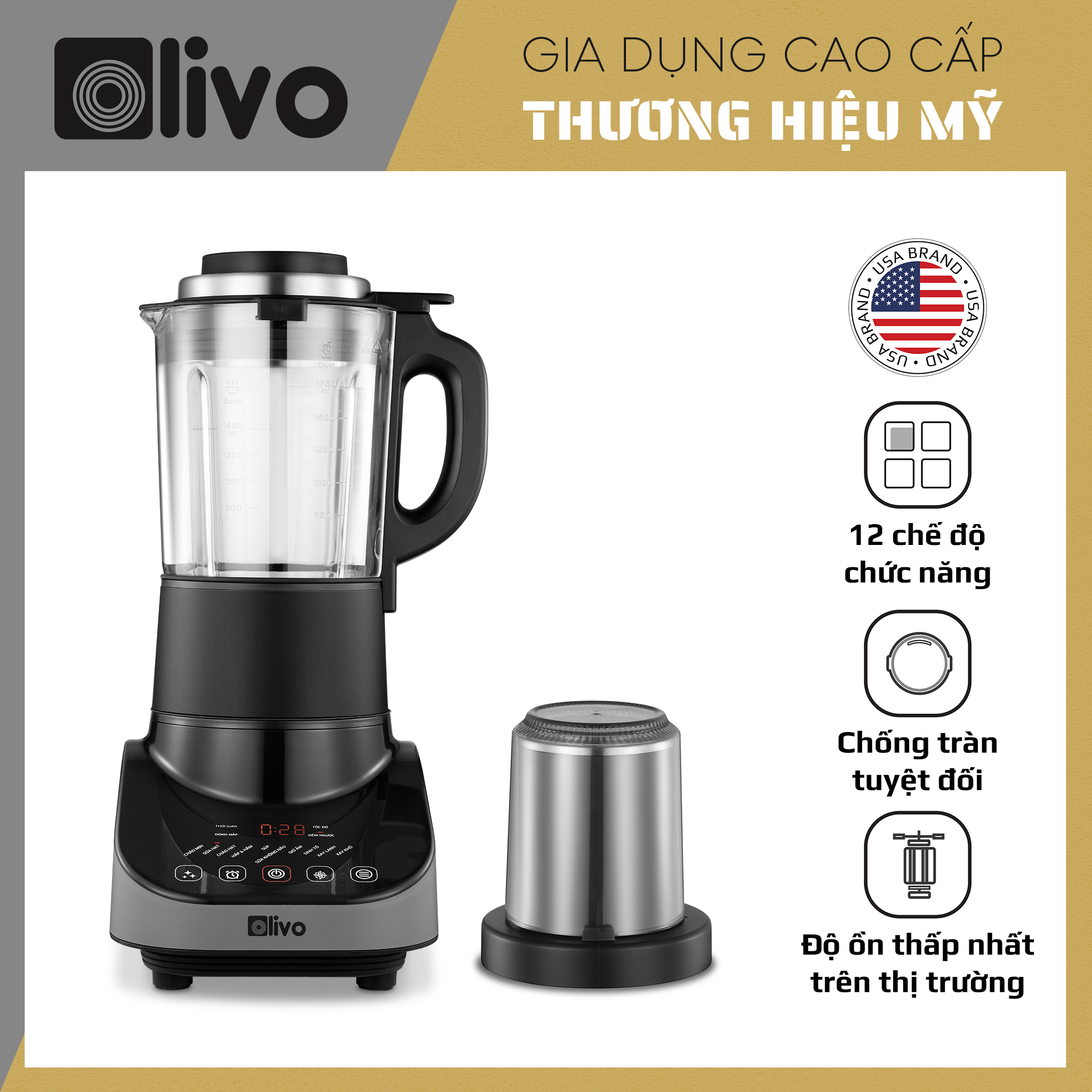 Máy Làm Sữa Hạt OLIVO CB20 - Máy Xay Nấu Đa Năng Độ Ồn Thấp - Chống Trào Tuyệt Đối - Vệ Sinh Khử Khuẩn - Chống Dính Gốm - Hàng Chính Hãng