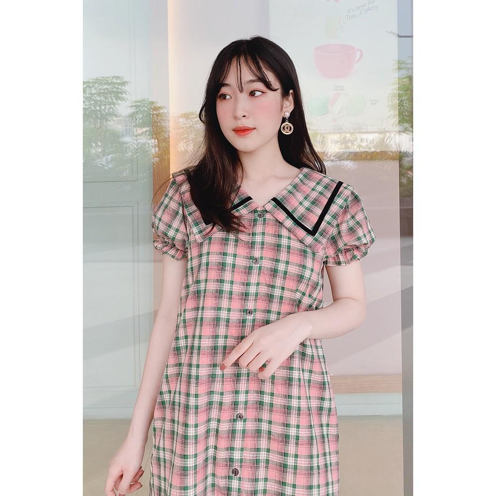 Đầm váy nữ 92WEAR đủ màu, đủ size, dáng suông ngắn tay kẻ caro viền lá cổ DXW0235 ! *