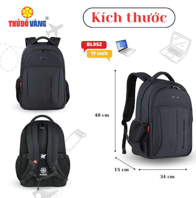 952 THỦ ĐÔ VÀNG Balo Nam Nữ size to Đi Làm, Đi Học, Đi Du Lịch bảo vệ Laptop 17 inch chống sốc BL952